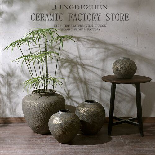 中式复古金属色粗陶陶罐花瓶摆件客厅插花花瓶酒店样板间软装饰品