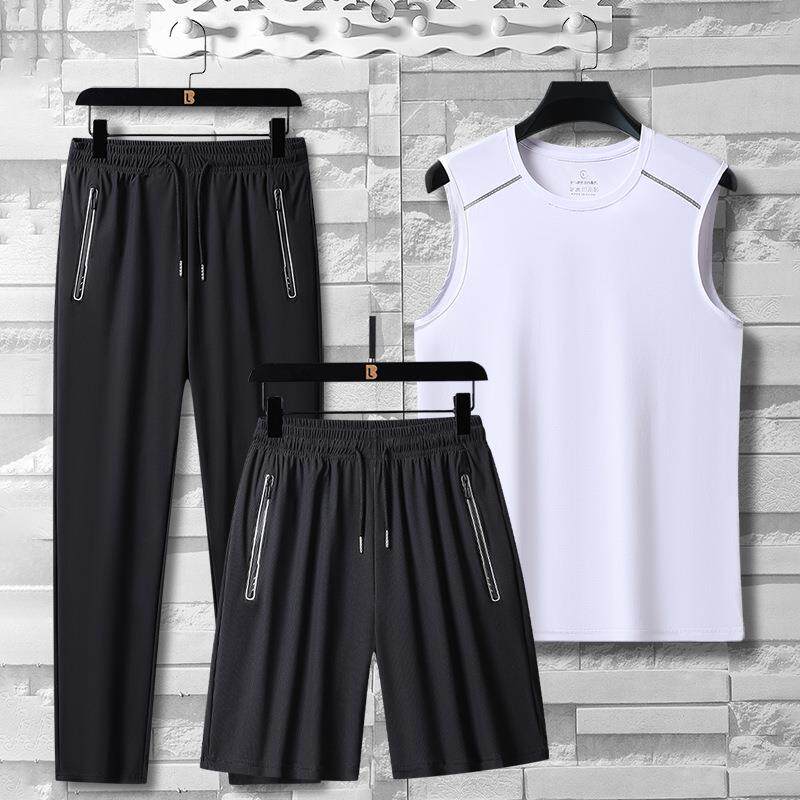 夏季户外运动休闲宽松T恤衫套装 背心男跑步弹力冰丝透气坎肩短袖