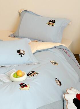 新款可爱全棉磨毛超柔四件套猫咪刺绣秋冬加厚被套床品蓝绿色1.2