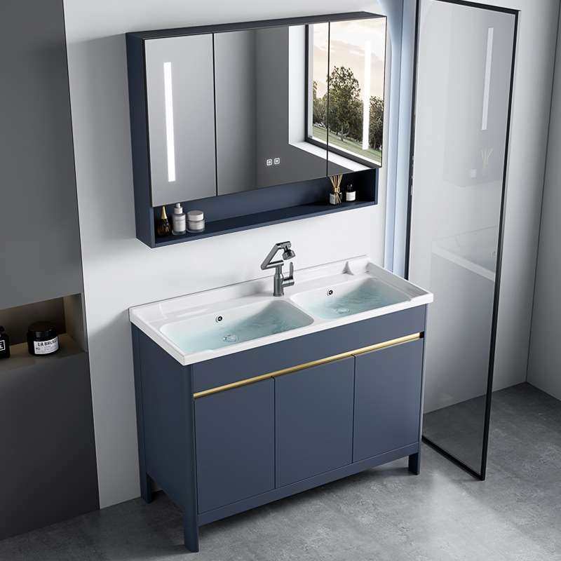 太空铝浴室柜组合洗漱台池陶瓷一体双盆轻奢洗漱台池卫生间落地式
