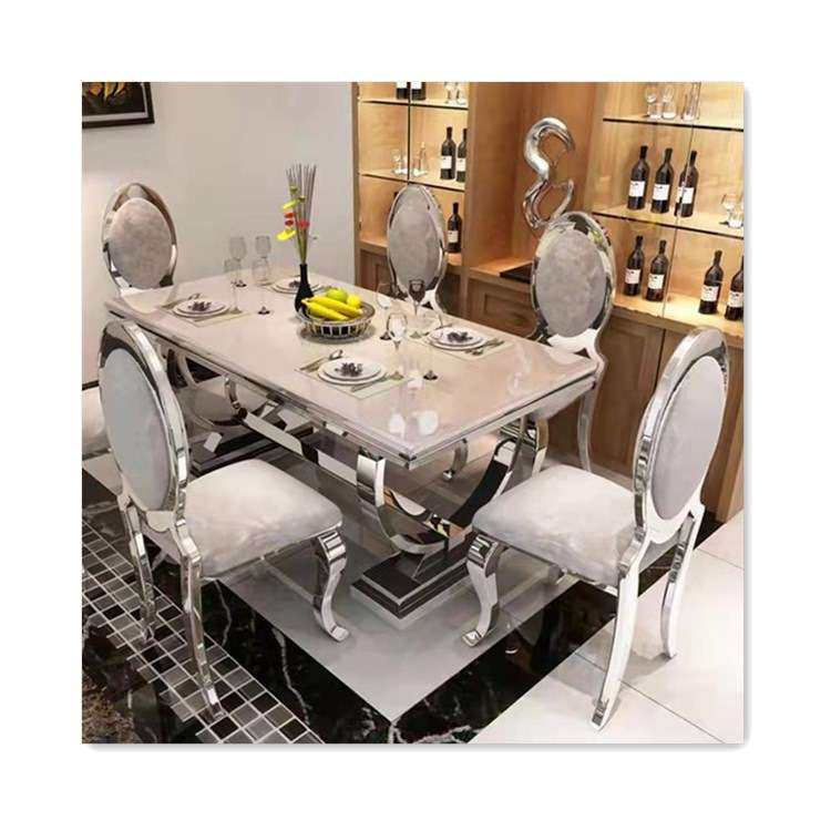 轻奢大理石台面餐桌银色餐厅现代设计不锈钢餐桌椅组合一台6椅