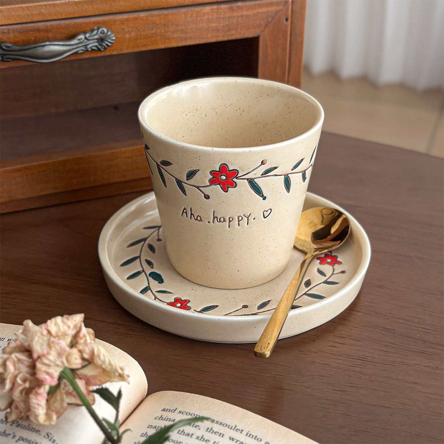 穆尼 Aha系列哑光芝麻釉手绘小花杯碟复古文艺手握杯釉下彩咖啡杯,3C数码配件,其它配件,淘宝优惠券,粉丝福利购,淘宝优惠卷