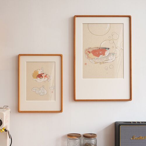 潘永帅日系原木风餐厅装饰画可爱小鱼客厅治愈温馨法式奶油风挂画