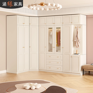 奶油风转角衣柜家用卧室墙角柜L型拐角衣橱衣帽间柜W自由组合柜.
