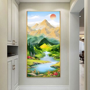 青山绿水挂画东西墙客厅玄关装饰画日照金山聚宝盆绿色风景背景图