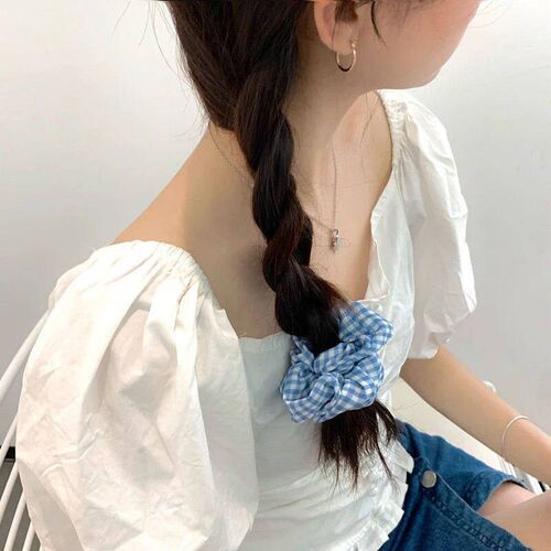 Korea Women Hair Scrunchie Blue Plaid Dot Elastic Hair Bands