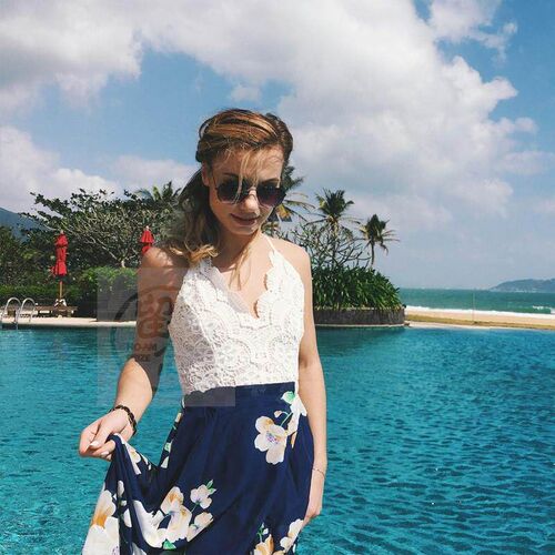 ~Lace stitching sling V-neck Holiday Beach Dress split Chiff