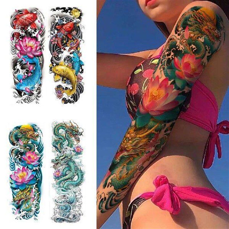 4PCS Semi Permanent Tattoo Full Arm Sleeves Koi Fish Flower