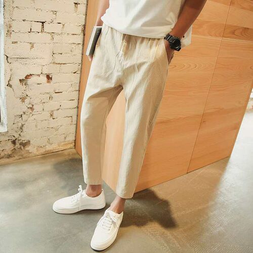 Summer Pants Mens Cotton Linen Pants Loose Ankle-length Pan