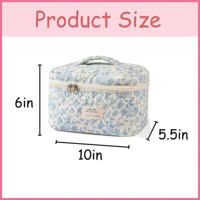 Large Travel Quilted Makeup Bag for Women Floral Cotton Cosm