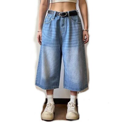 Womens Retro Large Size Denim Shorts Unisex Style Wide Leg
