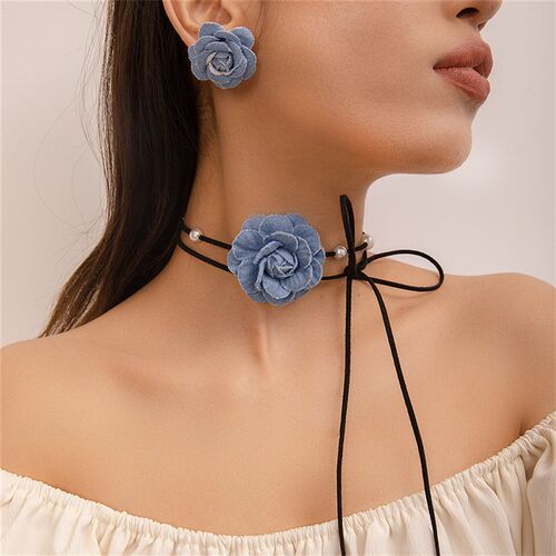 Long Lace Up Rope Chain with Blue Denim Flower Choker Neckla