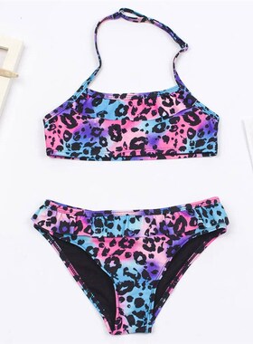 7-14 Years Falbala Leopard Print Girls Kids Swimsuit Swimwea