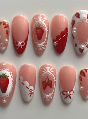 24PCS Wine Red Almond Press on Nails Cartoon Rabbit Bowknot
