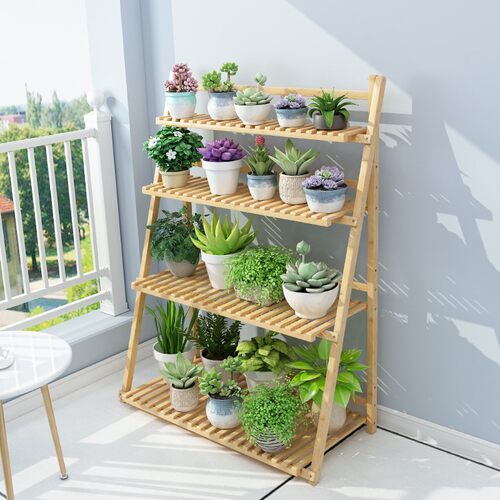 Flower shelf balcony decor wood small plant pot indoor rack