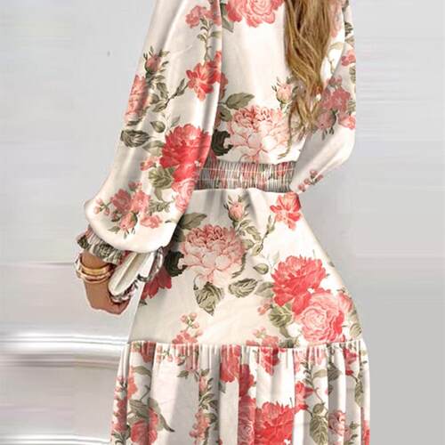 Autumn Women Floral Print Shirred Ruffle Dress 2021 Femme Ca