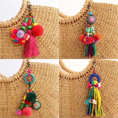 1pc+Flower+Charms+Keychains+Wooden+Beads+With+Pompom+Keyring