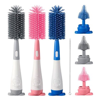 3 in 1 Penguin Silicone Baby Bottle Brush Set Stand Hidden T