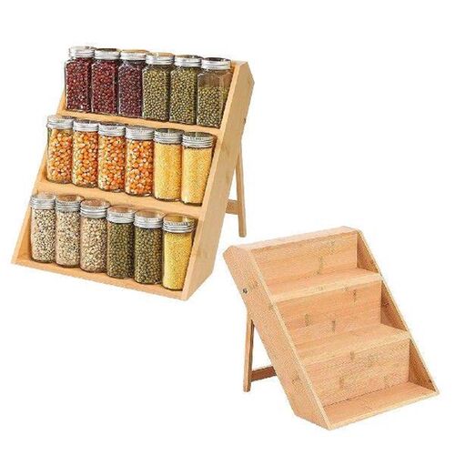Bamboo Spice Rack Display Shelf Salt Pepper Storage Rack