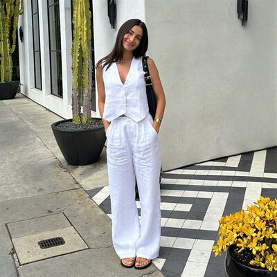 2025 Womens tton And Linen Sleeveless Vest Vest Trousers Tw