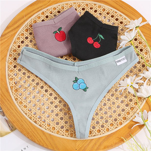 FINETOO Fruit Embroidery Thongs Women Cotton T-back Underpan