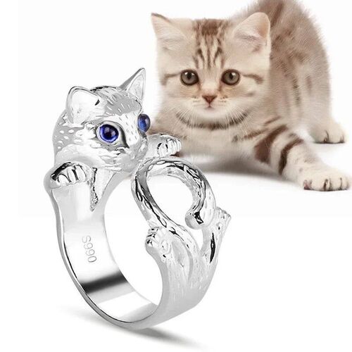Cute Cat Ring Blue Eye Cat Silver Plated Gemstone Finger Rin