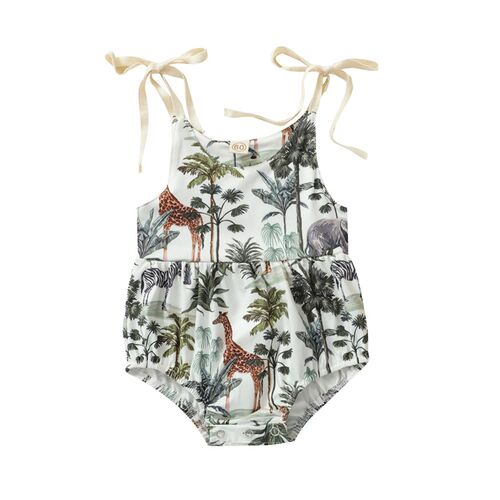 Baby Forest Animal Print Romper, Girls Sleeveless O-neck Sho