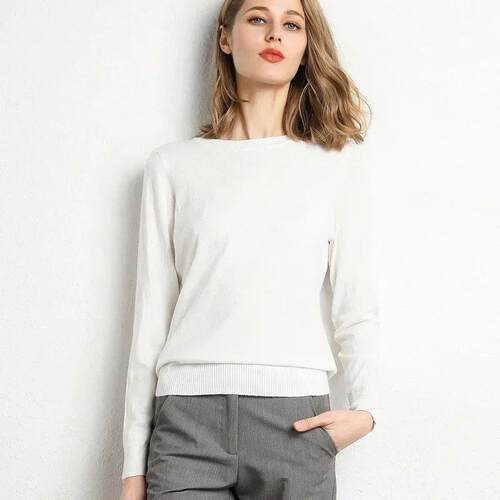 2024 Women Slim O-Neck Pullover Cashmere Wool Blending Sweat