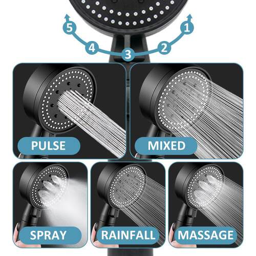 Shower Head Water Saving Black 5 Mode Adjustable High
