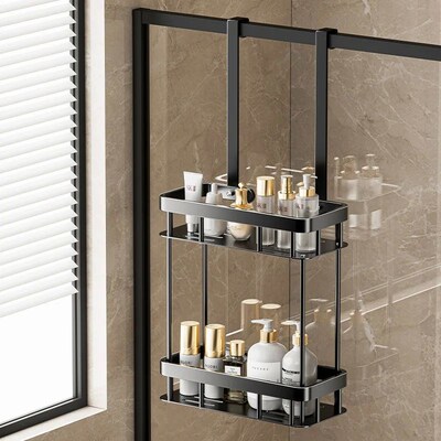 No-Drill Shower Caddy  Bathroom Glass Door Storage Basket