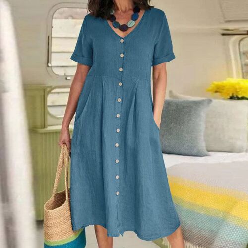 Casual Cotton Linen Long Dress Women Summer Fashion Sreetwea