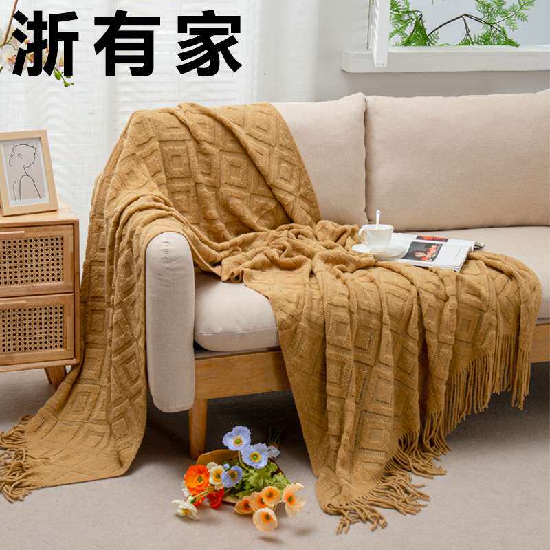 CC1毛圈菱形休闲毯四季针织线毯民宿床位搭毯酒店床毯几何毯子