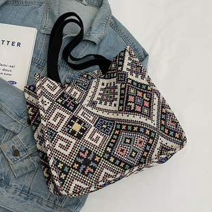 帆布大容量托特包女2024新款时尚民族风手提妈咪包学生上课单肩包