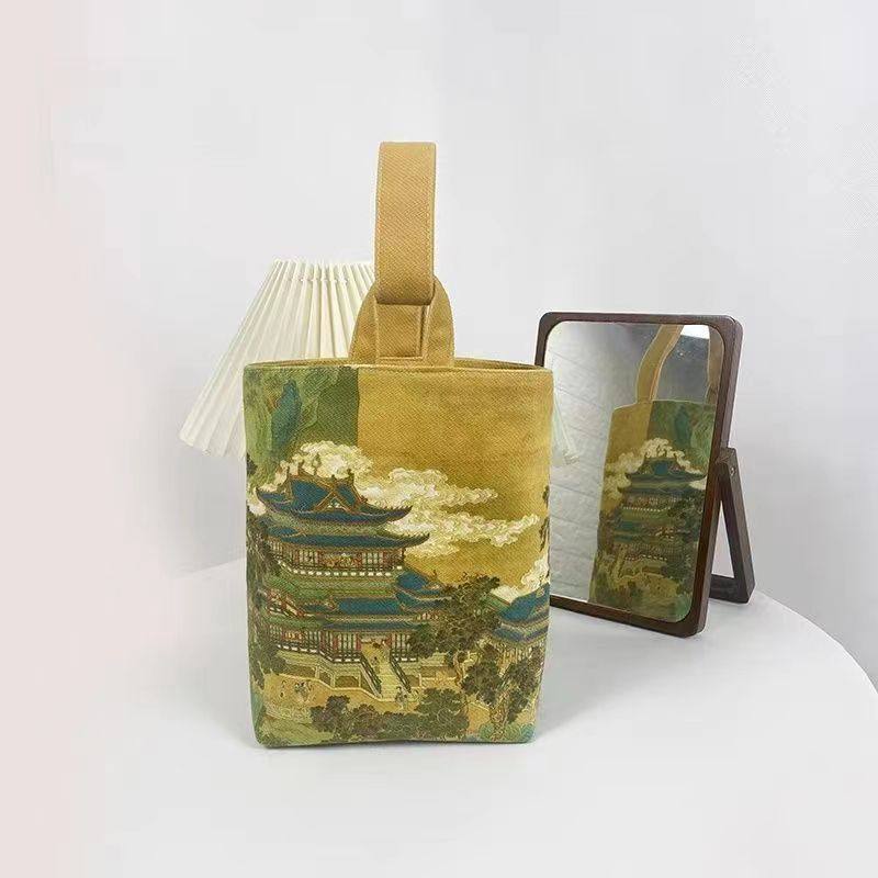 中国风仙山楼阁图赵伯驹可调节小众复古帆布水桶包长方形手提布袋,箱包皮具/热销女包/男包,水桶包,淘宝优惠券,粉丝福利购,淘宝优惠卷