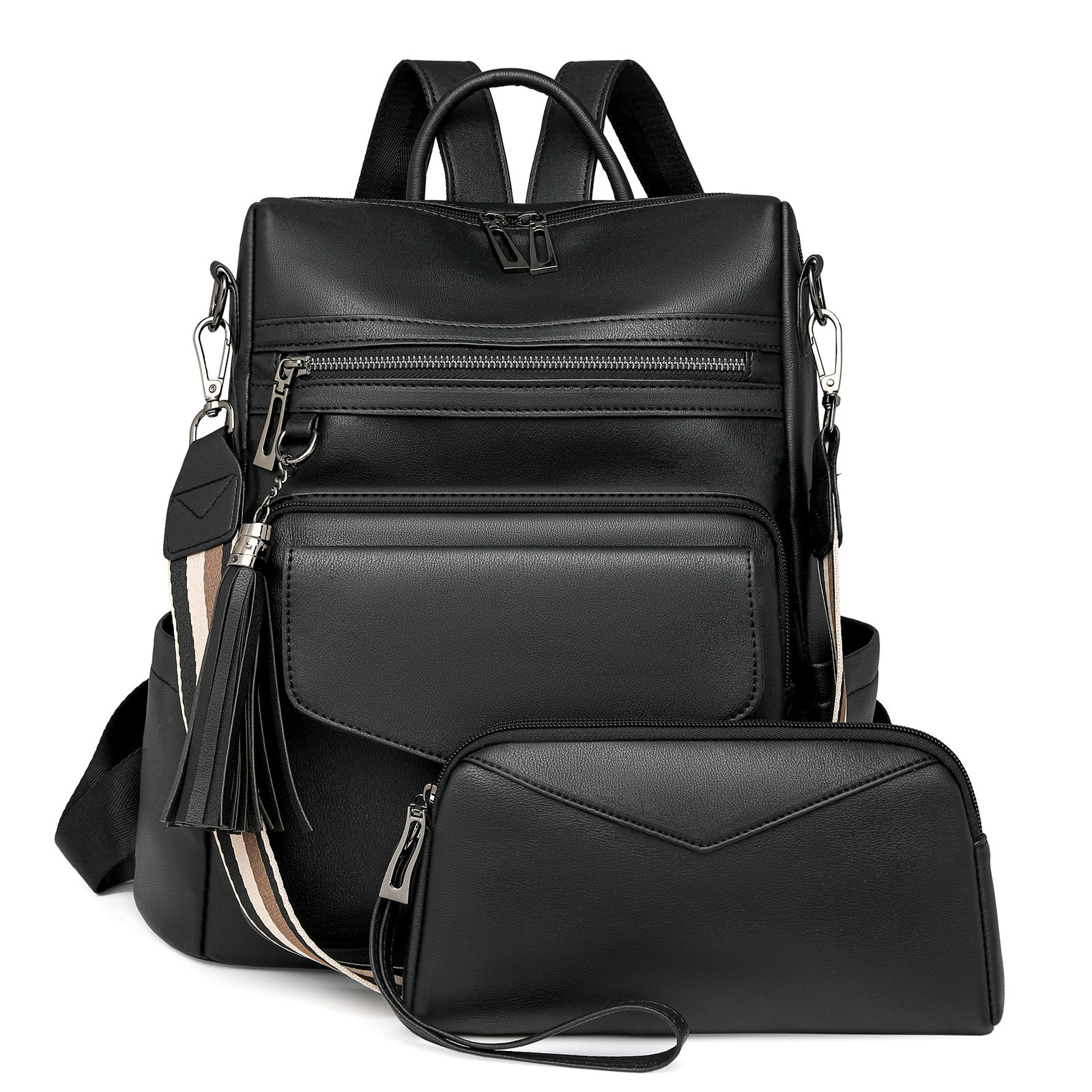 PU女冬季新款欧美复古百搭双肩包女高级感双拼色流苏背包