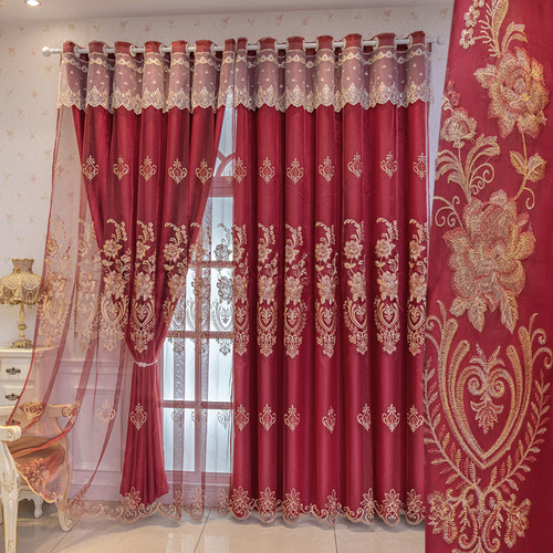 简欧卧室客厅遮光窗帘布料绣花窗纱一体加厚双层成品喜庆落地定制