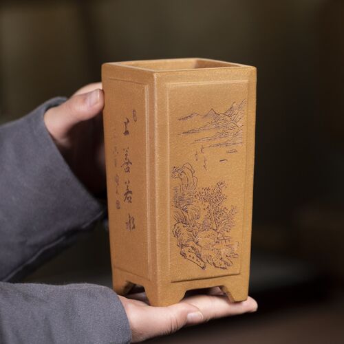 清香阁 降坡泥奎面四方签筒紫砂盆 微型盆景绿植桌面古典手工花器