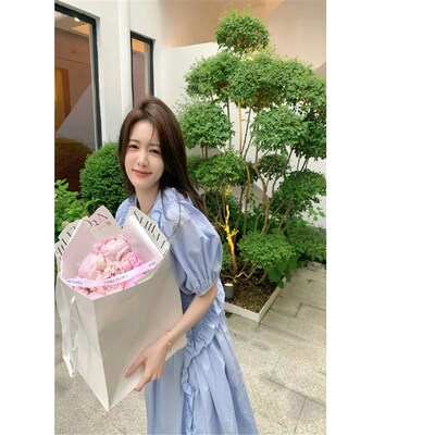 Blue Bubble Sleeves Ruffled Patchwork Dress for Women Summer