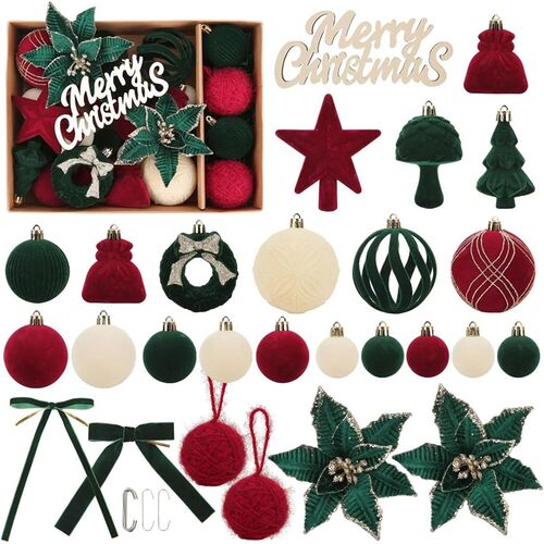 38PCS New Velvet Christmas Ball Set Tree Ornaments Red And B