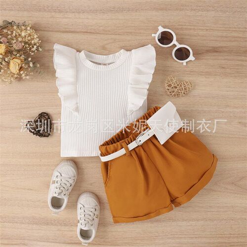 2025 SS Kids Cotton Ribbed Flutter Sleeve Tops Plain Shorts