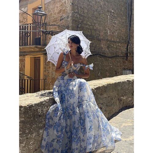 Elegant Printed Large Hem Evening Dress Women 2025 Retro