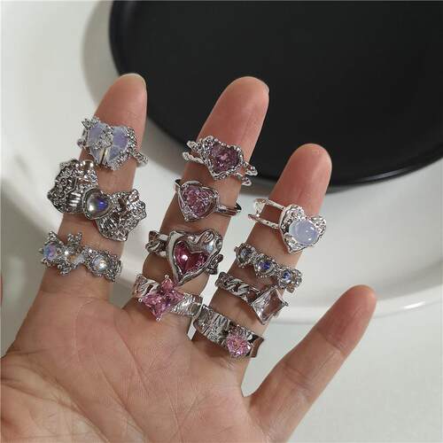 Pink Crystal Irregular Heart Ring for Women Creative Blue Op