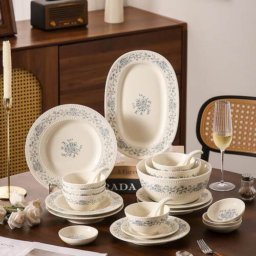 Romantic Blue Rose Bowl and Plate Set Ceramic Fish Plate