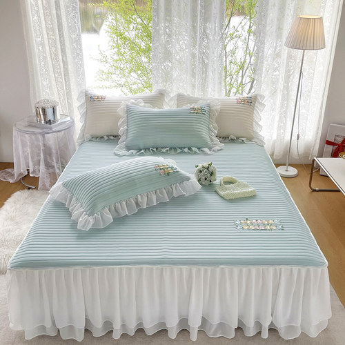 夏季高端类冰丝乳胶凉席三件床裙款公主风花边床罩1.8空调软席