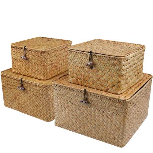 Set of 4 Seagrass Basket with Lid Wicker Storage Basket Deco