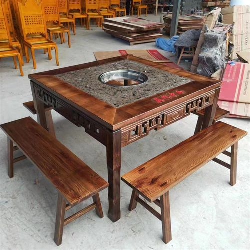 无烟火锅桌电磁炉一体商用餐桌烤肉店桌子实木大理石岩板卡座桌椅