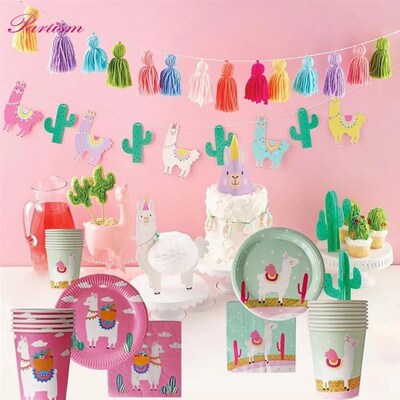 1Set Cactus Party Disposable Tableware Llama Balloons Napkin