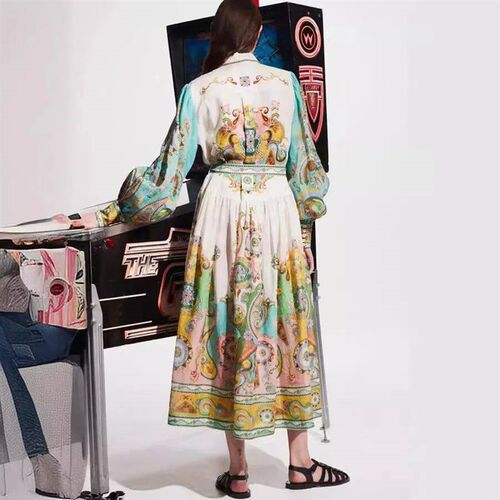 Casuals Women Lantern Sleeve Loose Vintage Print Graphic Lon