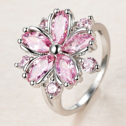 Cute Female Pink Crystal Stone Ring Charm upscale Thin Weddi