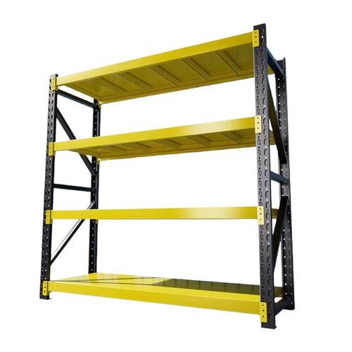 Gray green warehouse with thickened storage shelves